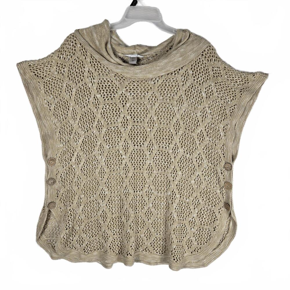 CJ Banks Women's 2X/3X Tan Open Knit Cowl Neck Poncho with Side Buttons